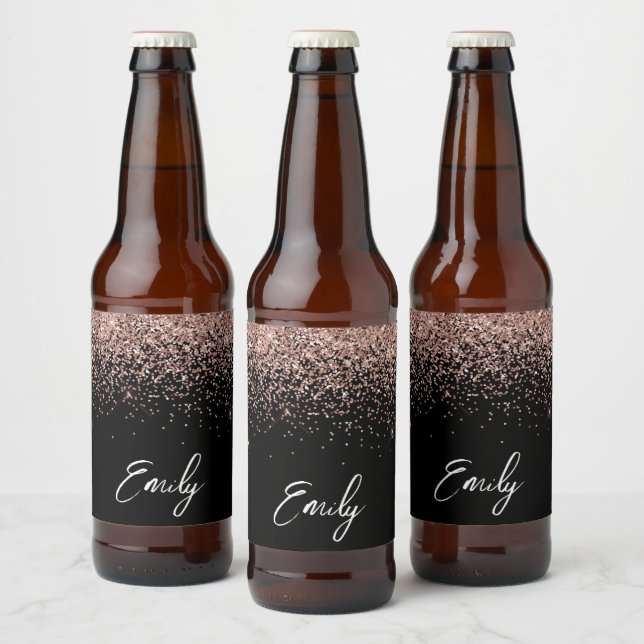 Black Girly Rose Gold Blush Pink Glitter Monogram Beer Bottle Label (Bottles)