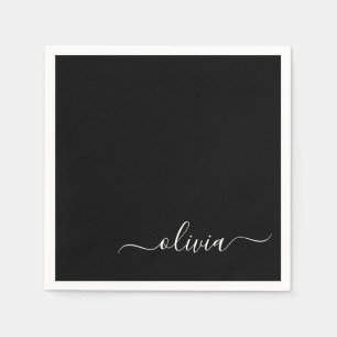Black Girly Script Monogram Name Modern Napkin