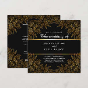 Black Glam and Gold Floral, Wedding Invitation