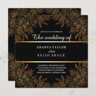 Black Glam and Gold Floral, Wedding Invitation
