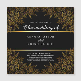 Black Glam and Gold Floral, Wedding Magnetic Invitation