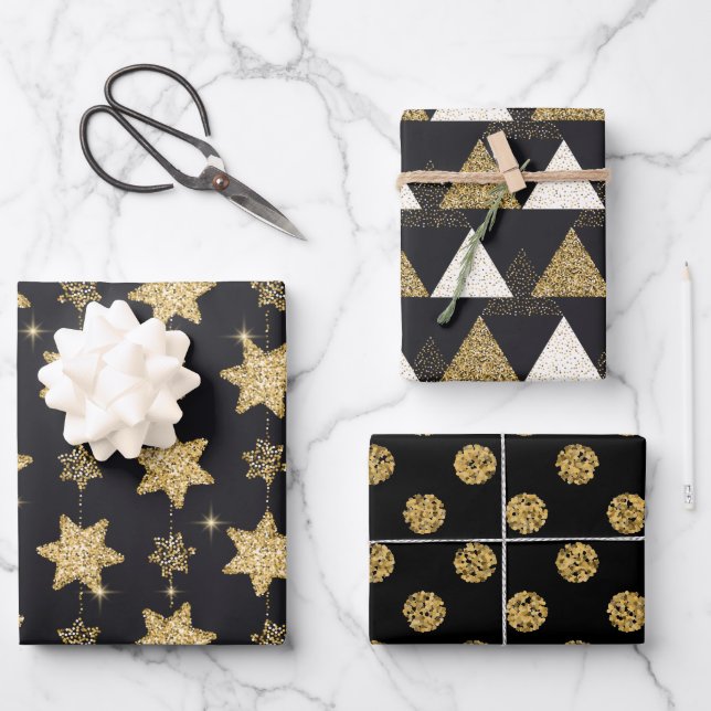 Black Glam Glitter Trio Wrapping Paper Sheet (Front)
