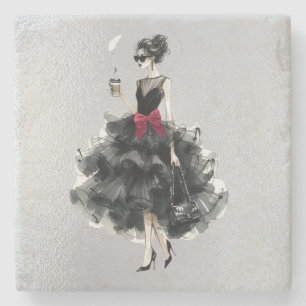 Black Glam Gown, Red Bow, Shades Stone Coaster