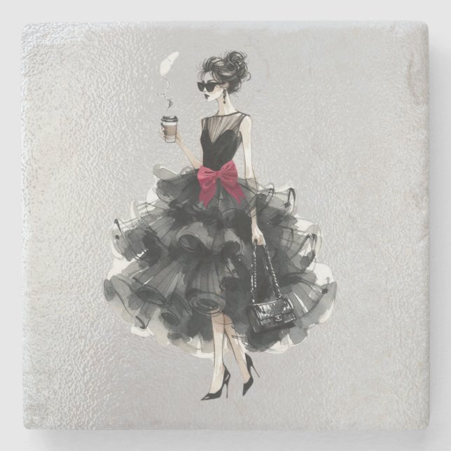 Black Glam Gown, Red Bow, Shades Stone Coaster (Front)