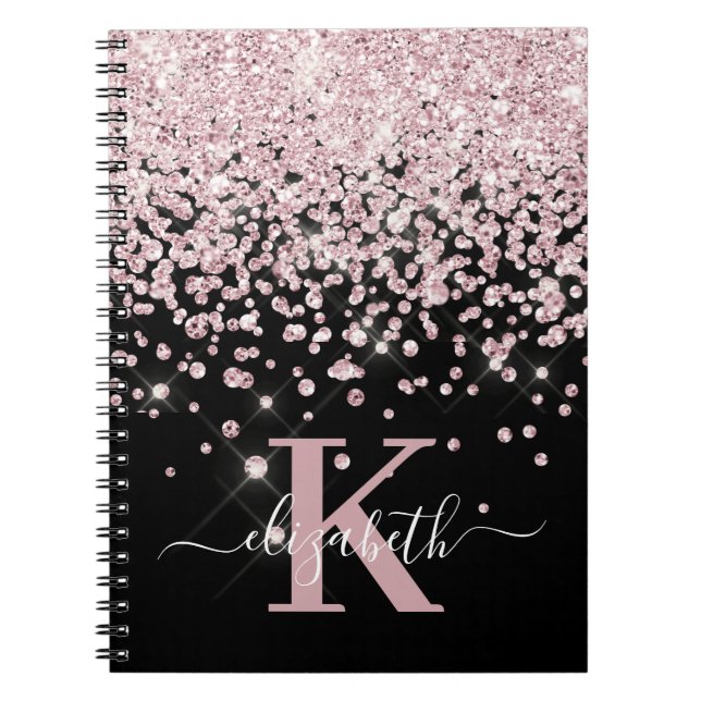 Black Glam Rose Gold Glitter Diamond Monogram Notebook (Front)