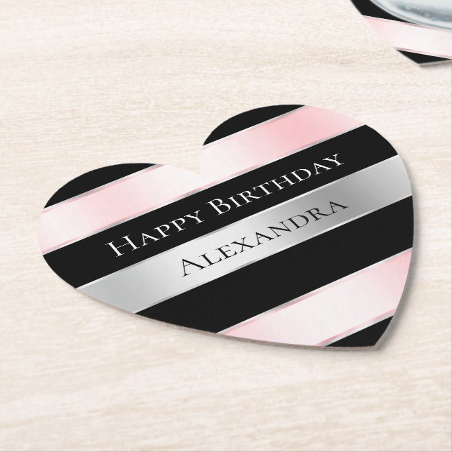 Black Glam Silver Blush Pink Ribbon Birthday Paper Coaster (Angled)