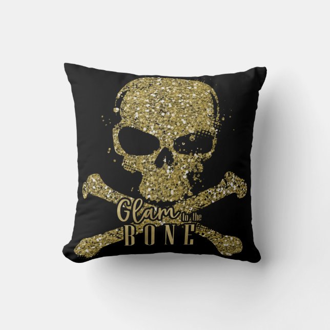 Black Glam to the Bone Gold Glitter Skull Cushion (Front)