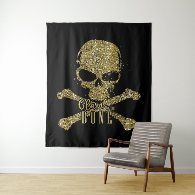 Black Glam to the Bone Gold Glitter Skull Tapestry (In Situ)
