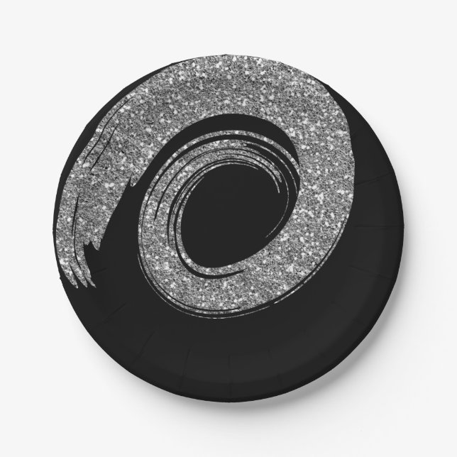 Black Glam VIP Silver Spiral Glitter Grey Paper Plate (Front)