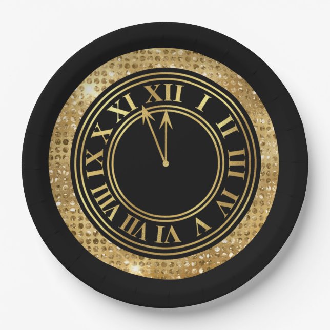 Black Glamourous Gold Diamonds New Year's Clock Paper Plate (Front)