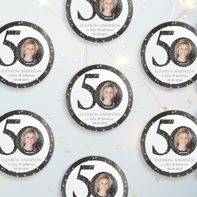 Black Glitter 50 & Fabulous Photo Classic Round Sticker (Creator Uploaded)