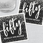 Black Glitter 50th Birthday Napkin<br><div class="desc">Personalized Fifty 50th Birthday Paper Party Napkins. These celebratory napkins feature the word "Fifty" big across the center in bold script, with "Name's 50th Birthday" displayed at the bottom in a clean sans serif font. Faux silver glitter sparkle confetti decorates the edges for a festive, shimmery touch. Designed in a...</div>