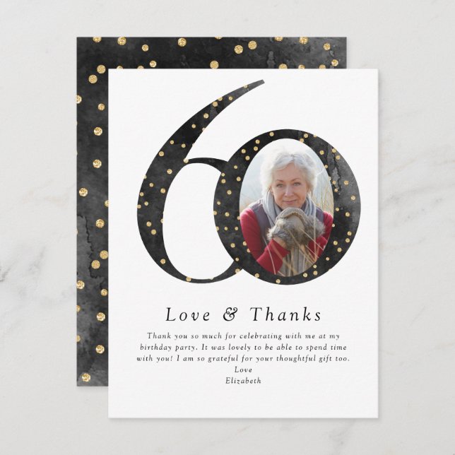 Black Glitter 60th Birthday Photo Thank You Card (Front/Back)