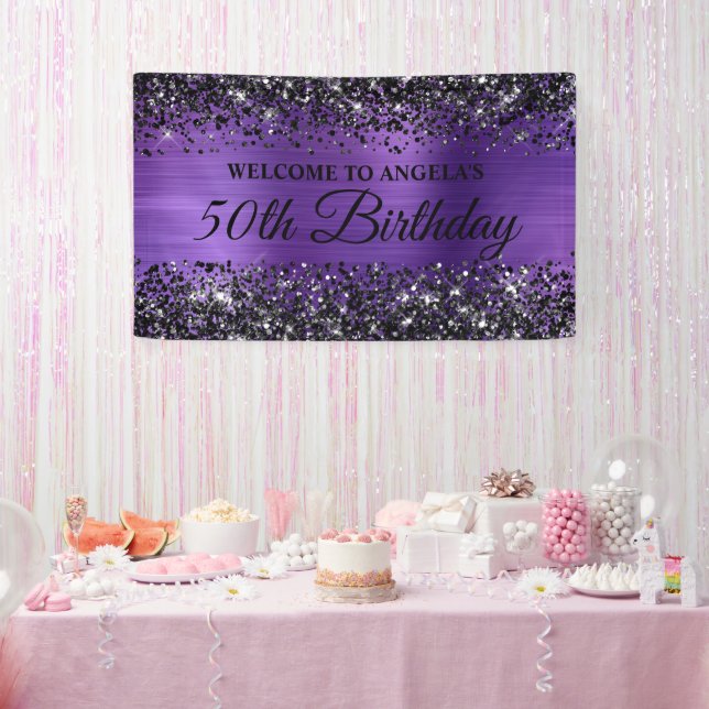 Black Glitter Amethyst Foil 50th Birthday Welcome Banner (Party)
