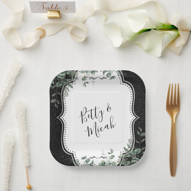 Black Glitter and Floral Eucalyptus Bouquet Paper Plate (Wedding)
