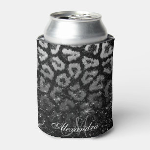 Black Glitter and Leopard Print Can Cooler