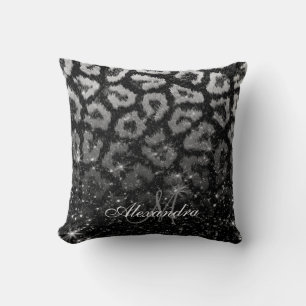 Black Glitter and Leopard Print Cushion