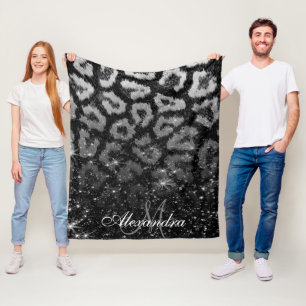 Black Glitter and Leopard Print Fleece Blanket