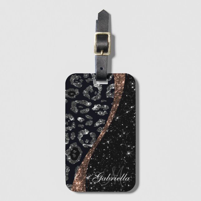 Black Glitter and Leopard Print Luggage Tag (Front Vertical)