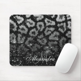 Black Glitter and Leopard Print Mouse Pad