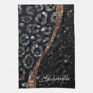 Black Glitter and Leopard Print Tea Towel