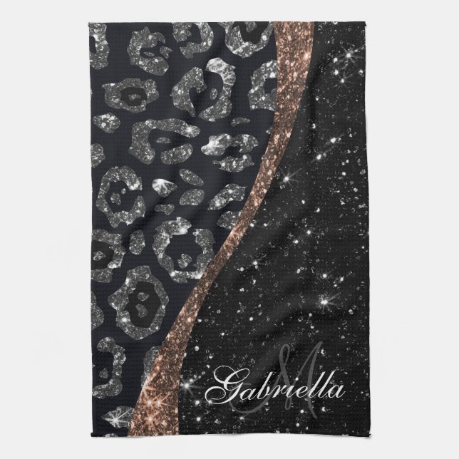 Black Glitter and Leopard Print Tea Towel (Vertical)