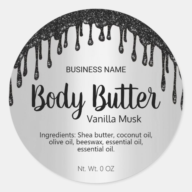 Black Glitter And SIlver Body Butter Labels (Front)
