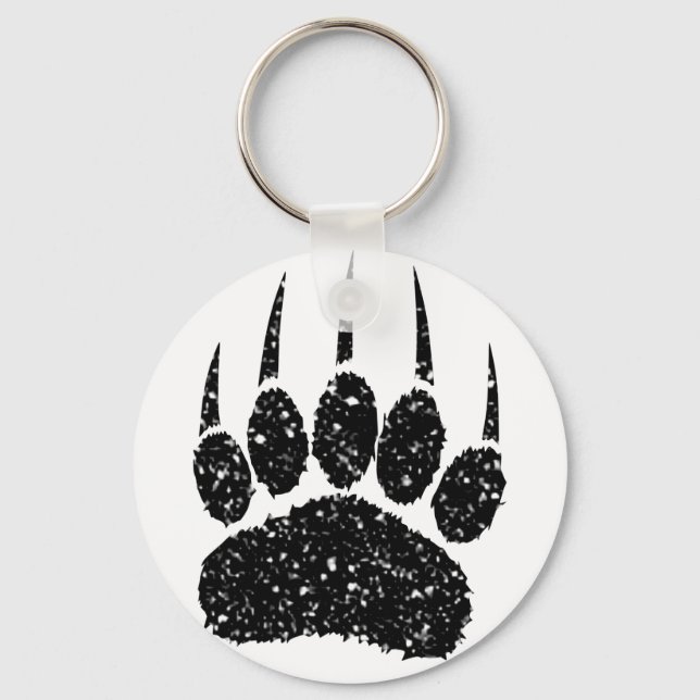 Black Glitter Bear Paw Print Drawing Key Ring (Front)