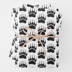 Black Glitter Bear Paw Print Drawing Wrapping Paper Sheet