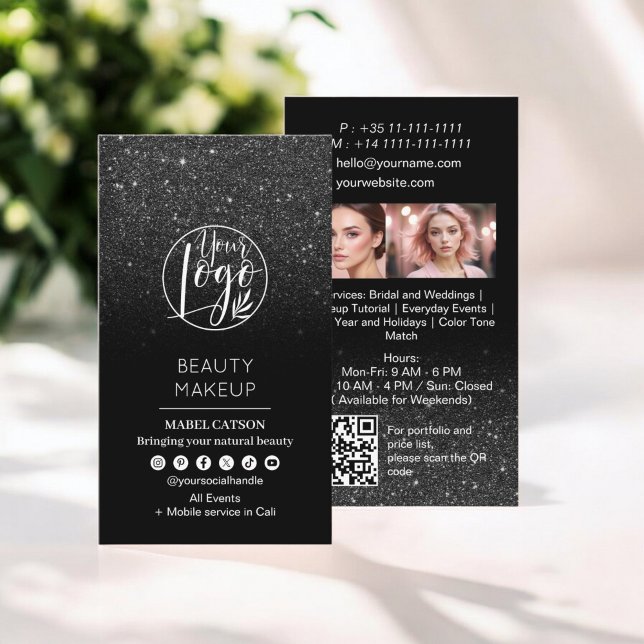 Black glitter Beauty Makeup Artist Photos QR Code Business Card (Black glitter Beauty Makeup Artist Photos QR Code Business Card)