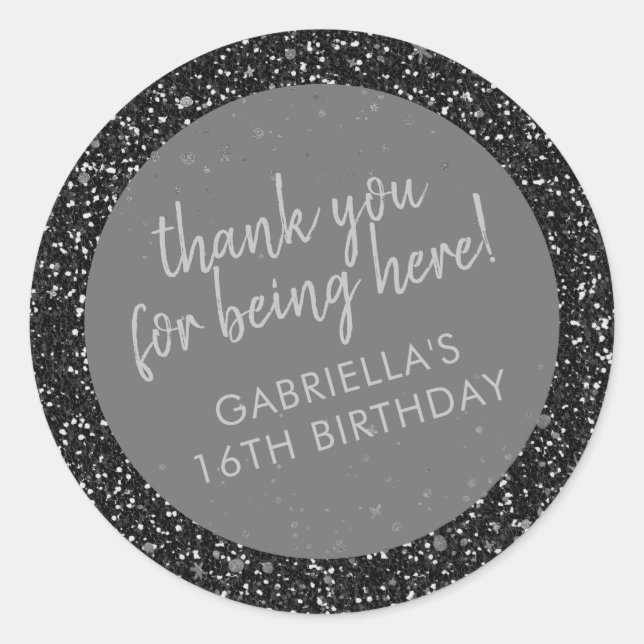 Black Glitter Birthday Favour Thank You Classic Round Sticker (Front)
