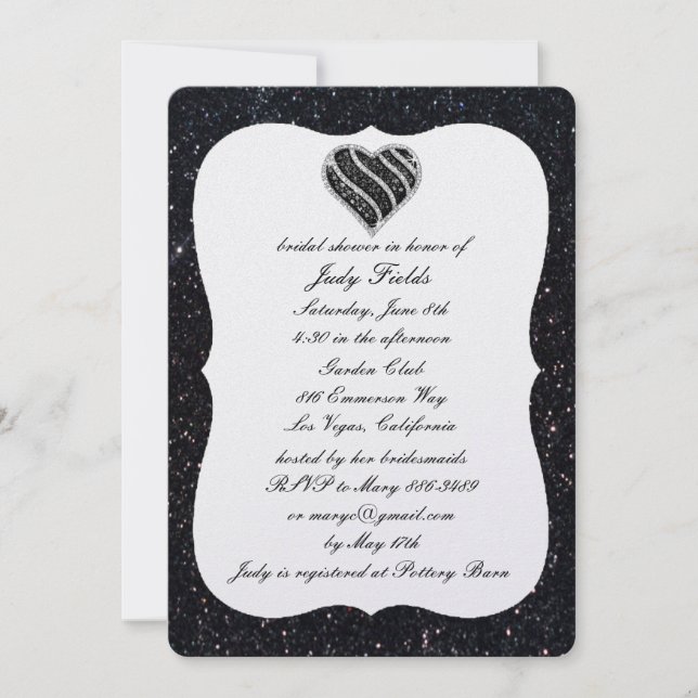 Black Glitter Black Heart Bridal Shower Invitation (Front)