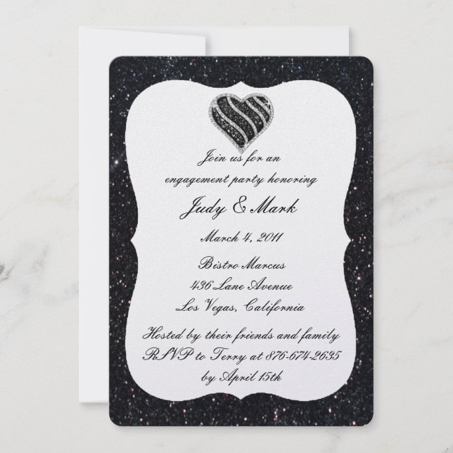 Black Glitter Black Heart Engagement Party Invite (Front)