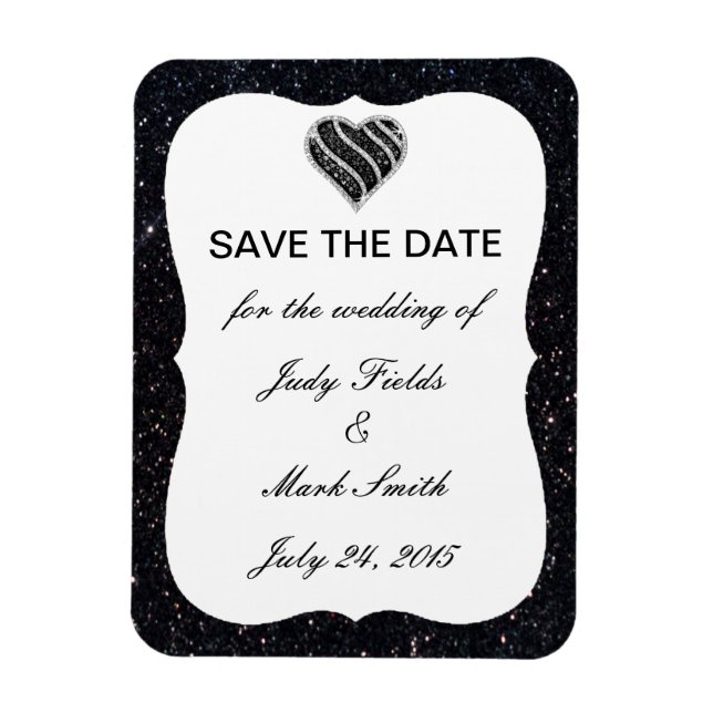 Black Glitter Black Heart Save The Date Magnet (Vertical)