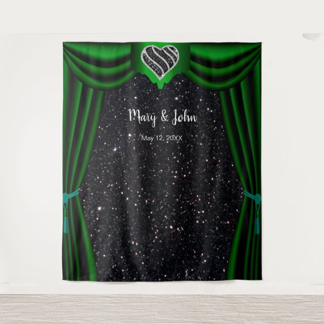 Black Glitter Black & White Heart Green Curtain Tapestry (Front)