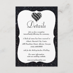 Black Glitter Black & White Heart Wedding Details Enclosure Card