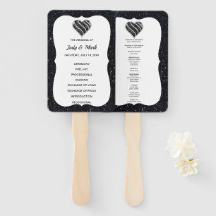 Black Glitter Black White Heart Wedding Program Hand Fan