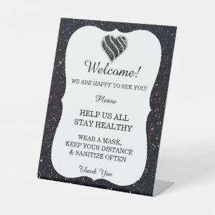 Black Glitter Black & White Heart Wedding Safety Pedestal Sign