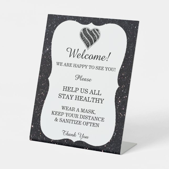 Black Glitter Black & White Heart Wedding Safety  Pedestal Sign (Front)