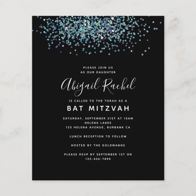 Black Glitter Budget Bat Mitzvah Invitation (Front)