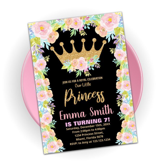 Black Glitter Crown Princess Birthday Invitations (Creator Uploaded)