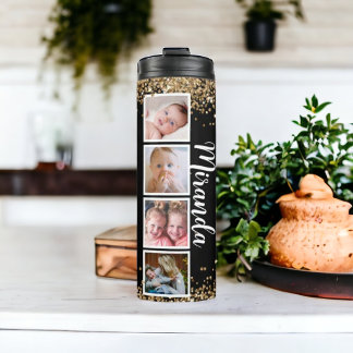 Black glitter cute script name photo thermal tumbler