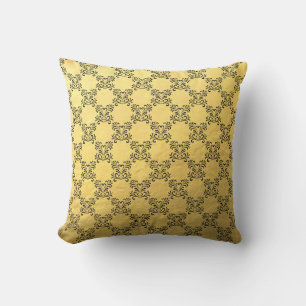 Black Glitter Damask on Gold Foil Throw Pillow