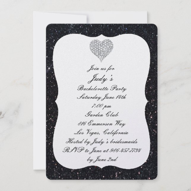 Black Glitter Diamond Heart Bachelorette Party Invitation (Front)