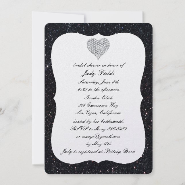 Black Glitter Diamond Heart Bridal Shower Invite (Front)