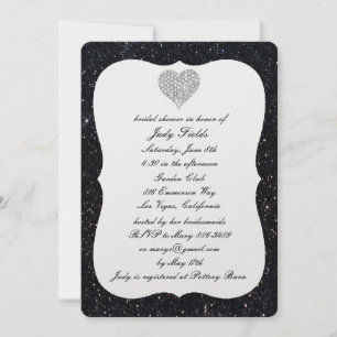 Black Glitter Diamond Heart Bridal Shower Invite