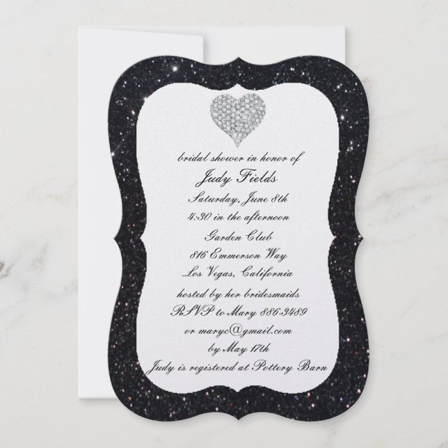 Black Glitter Diamond Heart Bridal Shower Invite (Front)
