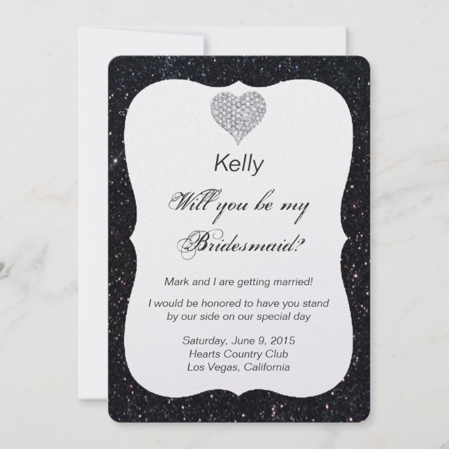 Black Glitter Diamond Heart Bridesmaid Card (Front)