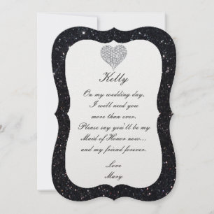 Black Glitter Diamond Heart Maid Of Honour Card