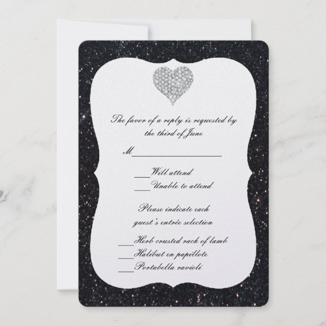 Black Glitter Diamond Heart Response Card (Front)